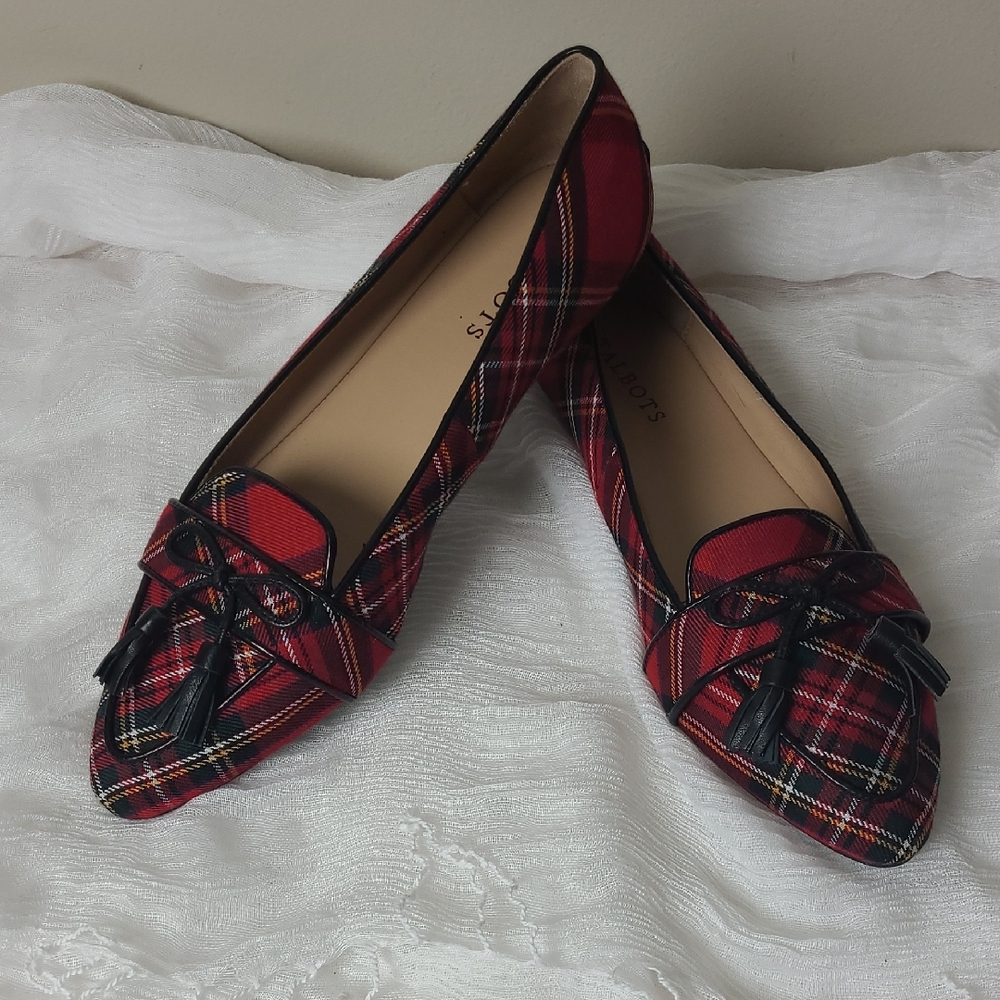 Talbots Red Plaid Pointed-Toe Tassel Flats Size 9.5 NWOT